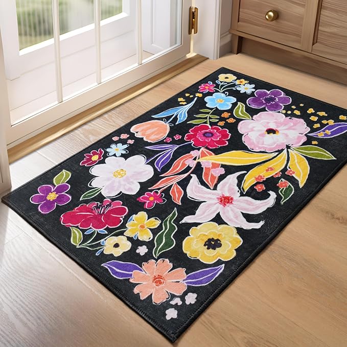 ST. BRIDGE Rugs for Entryway 2x3, Indoor Entrance Rugs Washable Black Boho Floral Throw Rug Non-Slip Low Pile Front Door Mat, Soft Small Area Rug Entry Rug for Bedroom Kitchen Bathroom