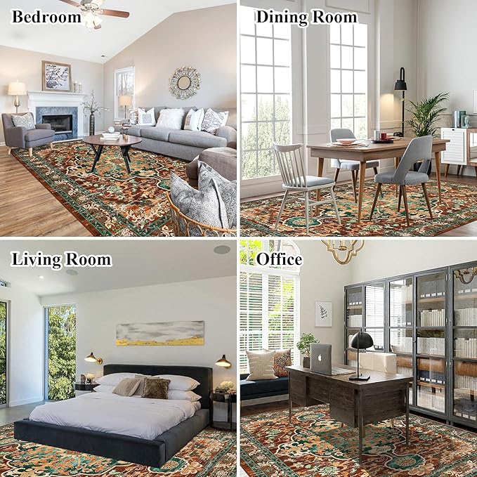 U'Artlines Boho Vintage Area Rug 8x10 Machine Washable Low Pile Ultra-Thin Soft Floor Carpet Non Slip Non Shedding Accent Rug for Living Room Bedroom Entryway Dining Room Office(Rust＆Teal)