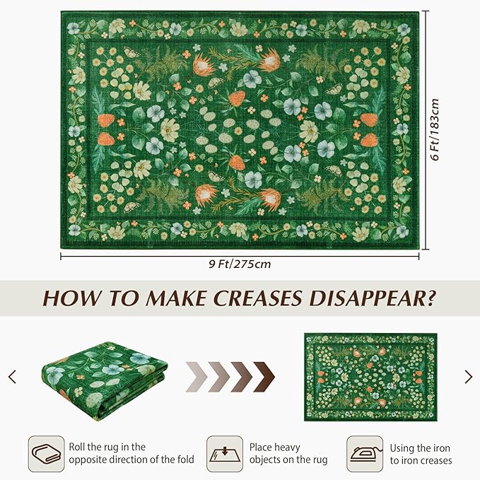Area Rugs for Living Room, 6x9 Washable Non-Slip Rug for Bedroom, Vintage Floral Carpet for Home Office Nursery Dining Room Kitchen, Green