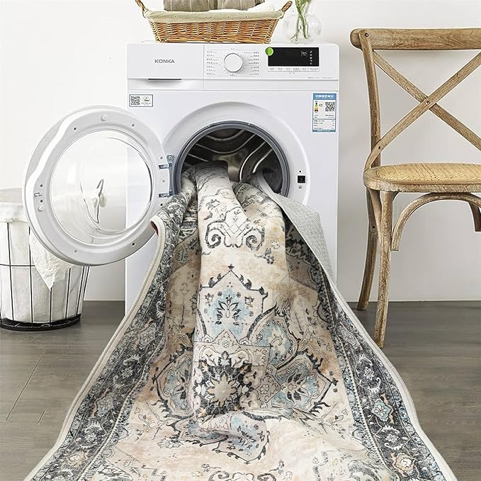Washable Area Rug Vintage - Living Room Farmhouse Oriental Rug 2x3 Distressed Non-Slip Stain Resistant Carpet for Bedroom Dining Room Home Kitchen Office (2x3 Blue/Cream)