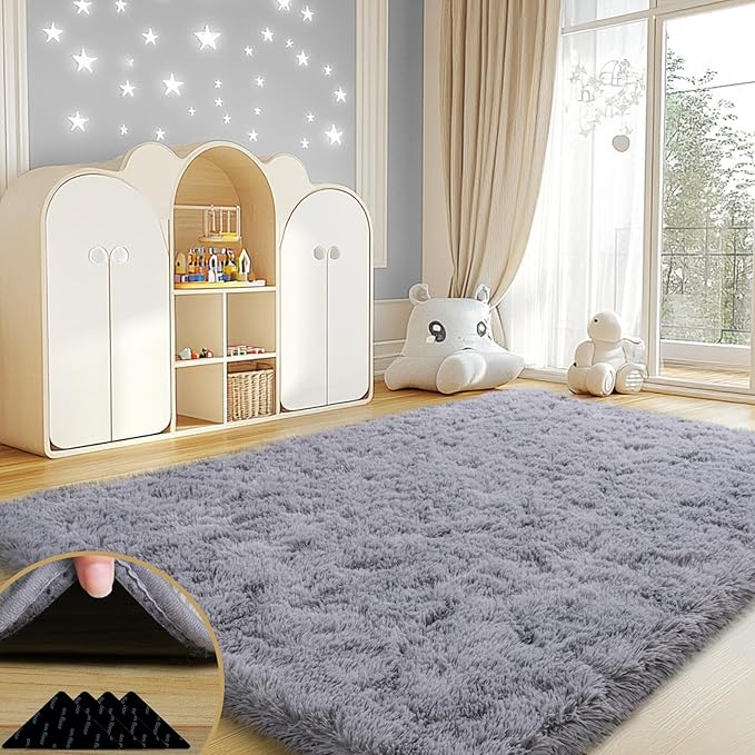 4x6 Rugs for Living Room, Large Fluffy Area Rugs for Bedroom, Soft Carpet Shag Kids Rug with 4 Non-Slip Rug Pads (Light Grey, 4ft x 6ft)