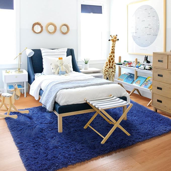 RUGTUDER 5x8 Navy Blue Shag Area Rug for Living Room, Super Soft Shaggy Rugs for Christmas Decor, Boys Playroom, Nursery Room, Upgrade Anti-Skid Plush Indoor Bedroom Floor Carpet