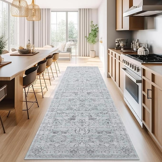 jinchan Hallway Runner Rug 3x10 Machine Washable - Vintage Floral Non-Slip Low-Pile Soft Ultra-Thin Faux Wool Kitchen Rug Distressed Carpet Runner for Farmhouse Bedroom Laundry Room (3x10ft,Grey)
