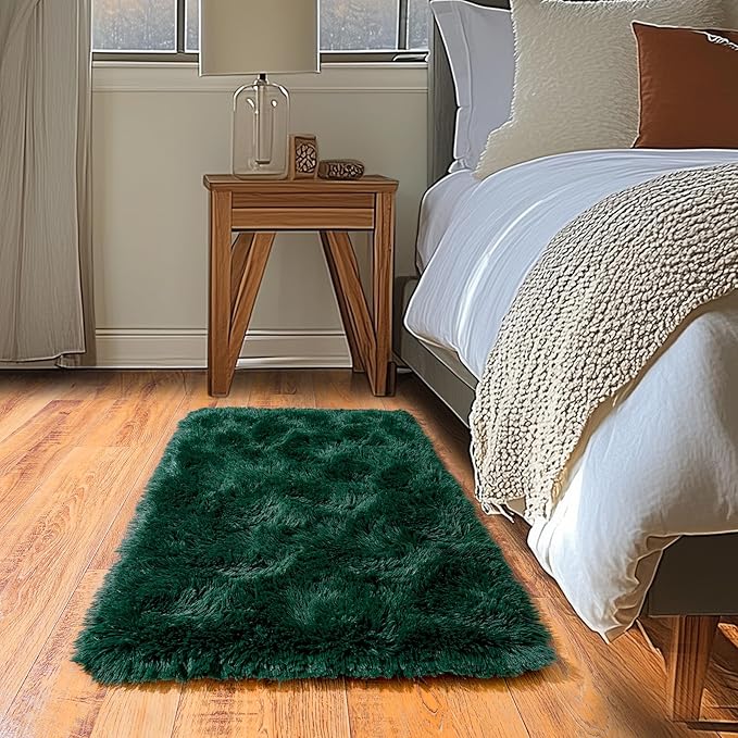 Green Fluffy Rug for Bedroom 3x5 ft Small Rug - Ultra Soft & Non Slip Shaggy Area Rug, Comfy Durable Carpet for Living Room Kids Room Teens Dorm Home Decor, 1.7'' Thick Indoor Plush Carpets