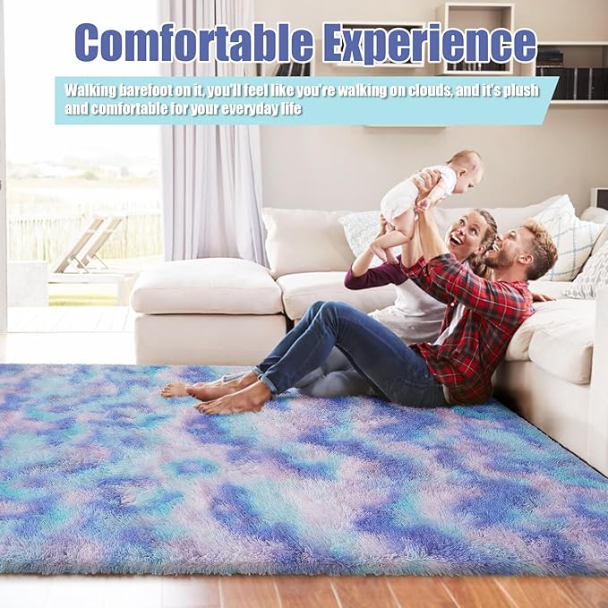 6x9 Fluffy Area Rug for Living Room,Shag Area Rugs for Bedroom,Soft Fuzzy Rug Non-Shedding Indoor Plush Carpet for Kids Bedroom Nursery Dorm Home Decor,Rainbow Purple
