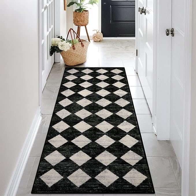 Lahome Moroccan Trellis Runner Rug - 2x6 Washable Black Bathroom Runner Rug Laundry Room Carpet Runner, Modern Soft Non Slip Indoor Floor Accent Mat for Bedside Kitchen Hall Bar Entryway RV