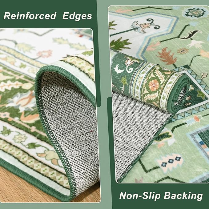 2x3 Green White Small Area Rug for Entryway, Soft Washable Rugs with Non-Slip Backing for Bedroom Kitchen, Vintage Throw Carpet Laundry Entry Front Door Decor