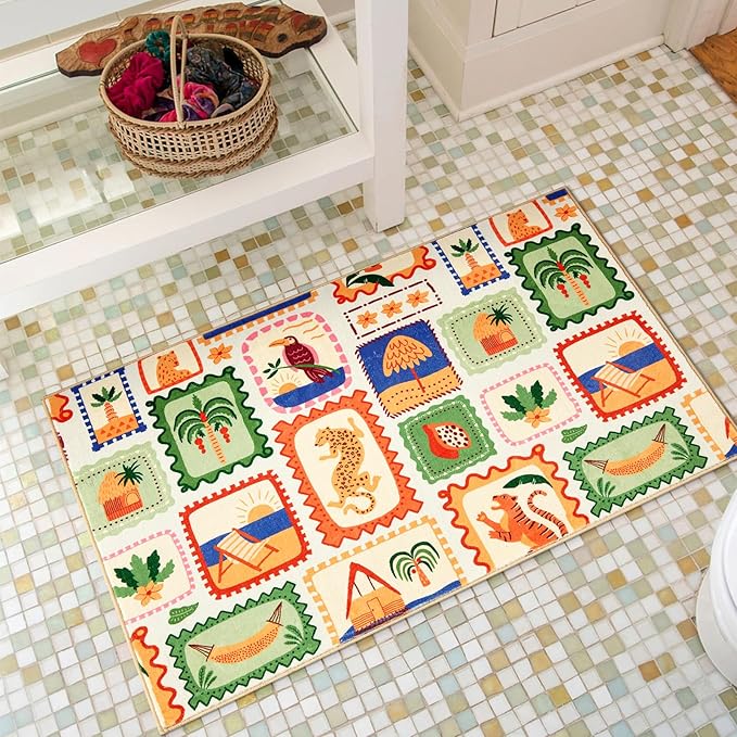 Tropical Poster Rug Washable, Modern Abstract Jungle Animals Summer Botanical Coastal Bathroom Rugs Non Slip, Green and Orange Cute Aesthetic 2x3 Throw Area Rugs for Bedroom Entryway Indoor Doormat
