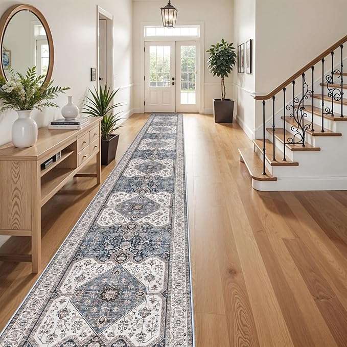 RUUGME Washable 3x20 Runner Rugs - Hallway Runner Rug for Living Room Stain Resistant Carpet with Non Slip Backing Vintage Rugs for Bedroom Kitchen Floor Decoration Mat 3x20 Navy