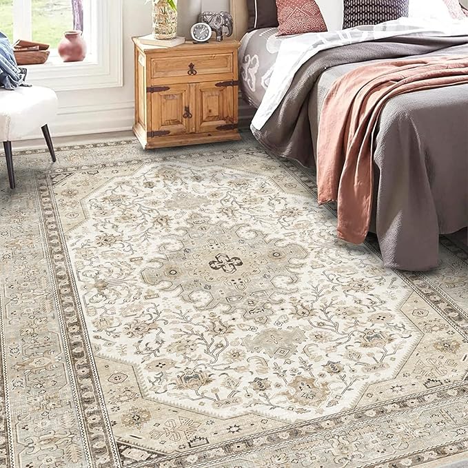 Washable Area Rug 6x9 - Bedroom Living Room Large Indoor Rugs Soft Oriental Vintage Rugs Non-Slip Backing Stain Resistant for Farmhouse Kitchen (6x9 Ivory/Multi)