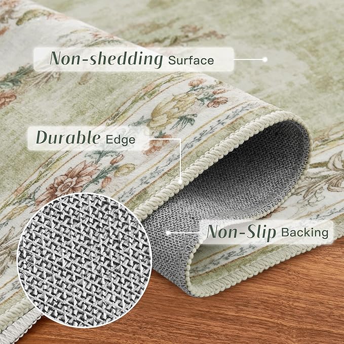 RYB HOME Washable Door Rug 2x3 for Enterway, Spring Floral Non Shedding Rug for Bedroom, Soft Faux Wool Non Slip Door Mat Runner for Kitchen Bathroom Laundry, 2x3 ft, Sage Green