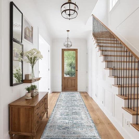 Hallway Runner Rug 2x12 Washable Area Rugs, Vintage Floral Rug Soft Non Slip Stain Resistant Boho Floor Carpet Runners for Hallways Entryway Laundry Room Kitchen, and Bedroom White Blue