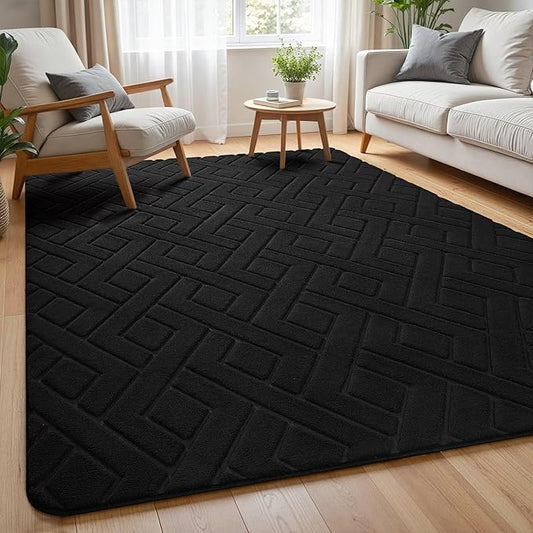 Ultra Soft Black Area Rug for Living Room, 5x7 Modern Geometric Shag Rugs with Nonslip Backing for Bedroom, Washable Fuzzy Carpet for Cozy Kids Room Nursery