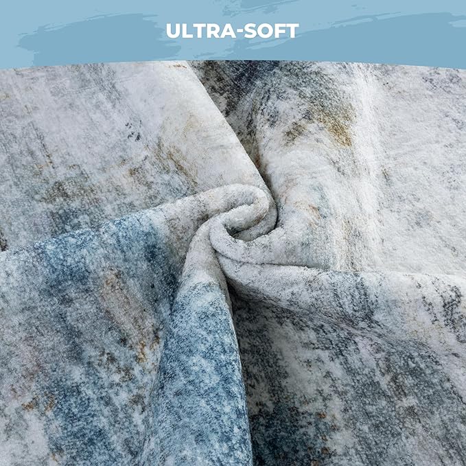 4'x6' Washable Area Rug - Modern Abstract Carpets for Living Room, Bedroom & Dining Room, Stain Resistant, Soft Non-Slip, Machine Washable (Blue Grey)