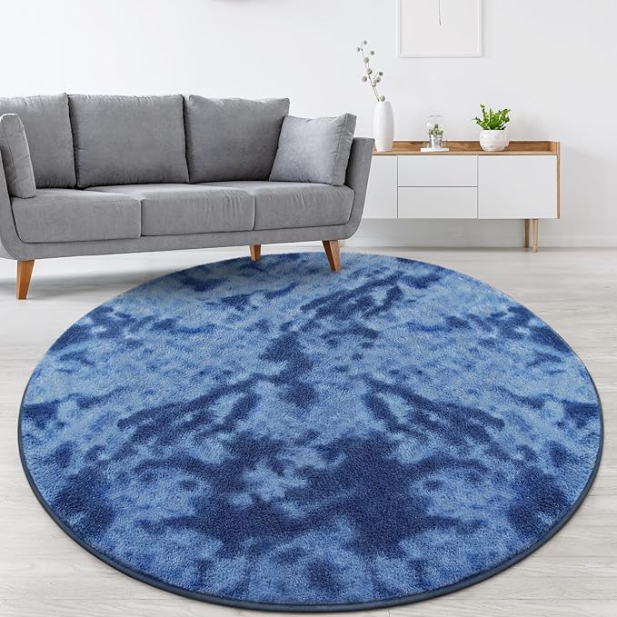 Lascpt Round Rug for Bedroom 7x7, Tie-Dyed Navy Blue Circle Rug for Living Room Super Soft Thicken Memory Foam Circular Rug, Indoor Area Rug for Modern Home Decor, Round Carpet for Nursery Kid's Room
