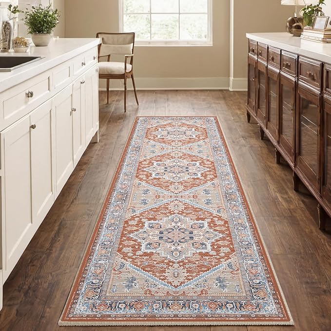BESTSWEETIE 2x8 Area Rugs for Living Room Washable Non Slip Carpet Low Pile Soft Vintage Print Pattern Rug for Bedroom Dining Room Kitchen Entryway Indoor-Brick/Blue/Light Ivory