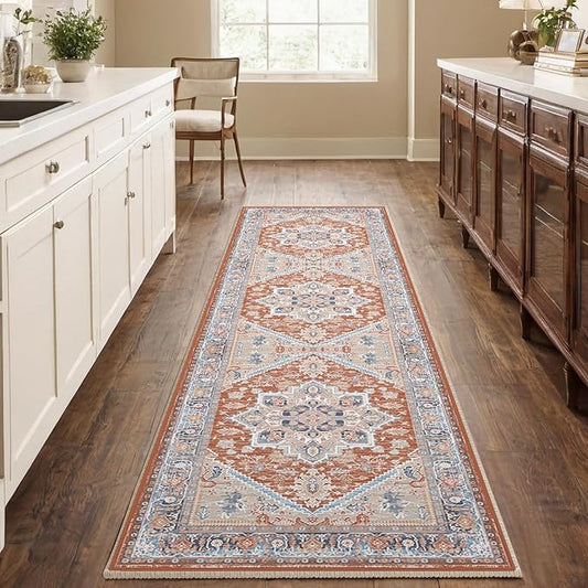 BESTSWEETIE 2x8 Area Rugs for Living Room Washable Non Slip Carpet Low Pile Soft Vintage Print Pattern Rug for Bedroom Dining Room Kitchen Entryway Indoor-Brick/Blue/Light Ivory