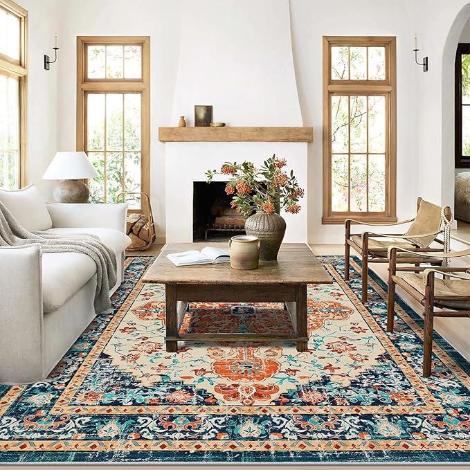 U'Artlines Boho Vintage Area Rug 6x9 Machine Washable Low Pile Soft Floor Carpet Non Slip Non Shedding Accent Rug for Living Room Bedroom Entryway Dining Room Office Orange/Multi