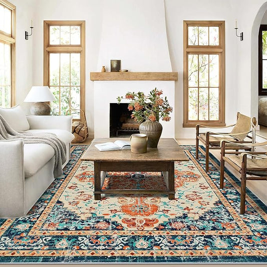 U'Artlines Boho Vintage Area Rug 6x9 Machine Washable Low Pile Soft Floor Carpet Non Slip Non Shedding Accent Rug for Living Room Bedroom Entryway Dining Room Office Orange/Multi