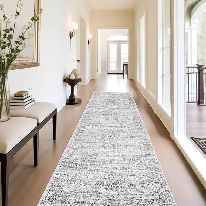 Runner Rug 2'6" x 10' Washable Non-Slip Runner Rugs for Kitchen Bathroom Laundry Room Vintage Ultra Thin Runners for Hallway Entryway Grey