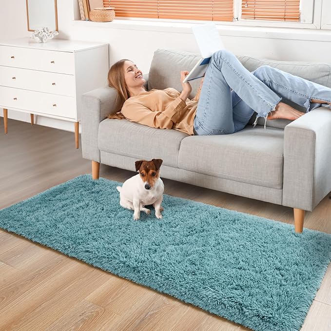 YJ.GWL Fluffy Runner Rugs for Bedroom Living Room Soft Shag Teal Rug 2x6 Feet, Turquoise Green Plush Carpet Non Slip for Nursery Dorm, Fuzzy Bedside Rug for Kids Boys Girls Room Home Decor