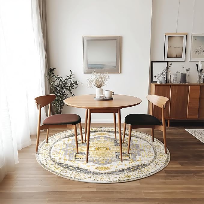 Washable 6ft Area Rugs, Rugs for Living Room, Low-Pile Water&Stain Resistant Carpet Vintage Distressed Printed Non-Slip Carpet for Bedroom Bathroom Kitchen-Grey Yellow