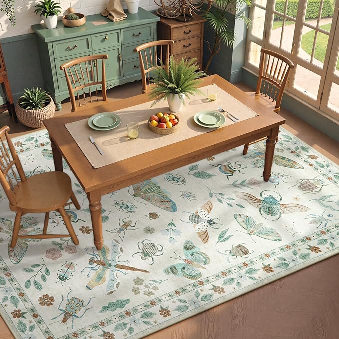 Beeiva Insect Print Rug 8x10, Washable Large Area Rugs for Bedroom Under Bed, Non Slip Soft Low Pile Ultra Thin Foldable Carpet for Office, Kids Room, Playroom, Nursery, Dining Room - Beige