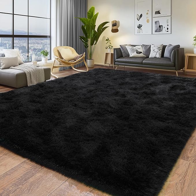 6x9 Fluffy Fuzzy Area Rug for Living Room Bedroom, Ultra Soft Large Living Room Rugs, Non Slip Thick Shag Rug for Dorm, Kids Girls Boys Rug for Home Decor Aesthetic, Black