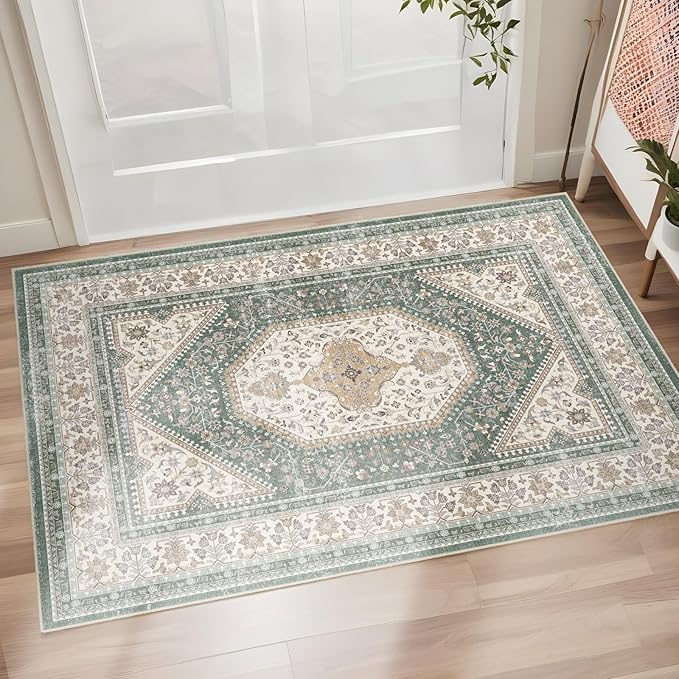 Washable Entryway 2x3 Rug: Small Boho Rugs for Indoor Entrance Non Slip Backing Stain Resistant Carpet Low Pile Throw Rugs for Bedroom Bedside Inside Front Door Floor Kitchen Decor(Green,2x3FT)