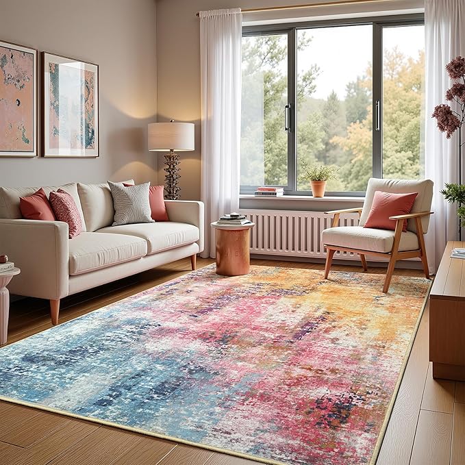 3x5 Colorful Washable Area Rug for Living Room Bedroom, Modern Abstract Non-Slip Rugs, Low Pile Soft Stain Resistant Carpet for Dining Room, Kitchen, Office, Dorm, Bedside Decor