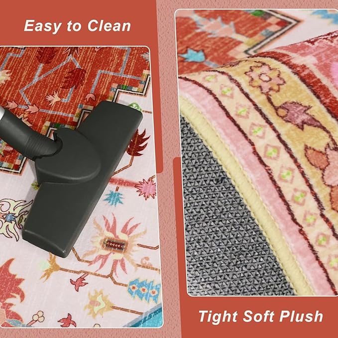 2x3 Orange Pink Small Area Rug for Entryway, Soft Washable Rugs with Non-Slip Backing for Bedroom Kitchen, Vintage Throw Carpet Laundry Entry Front Front Door Decor