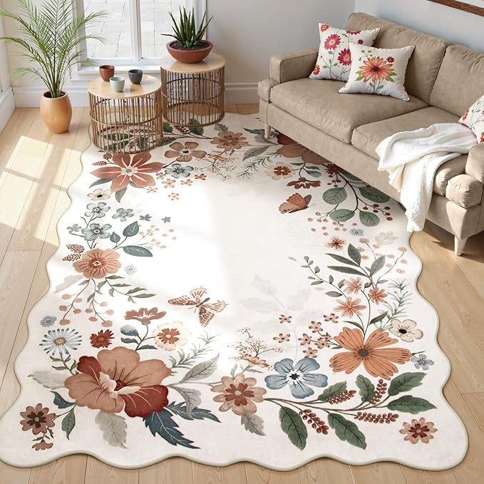 Beeiva 6x9 Area Rugs for Living Room, Washable Floral Playroom Rug, Thin Low Pile Stain Resistance Large Carpet for Bedroom, Dining Room or Nursery - Beige