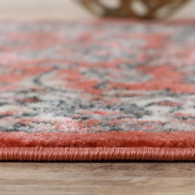 Superior Indoor Runner Rug, with Jute Backing, Chic Bordered Floor Decor for Living Room, Bedroom, Office, Entryway, Kitchen, Dining, Floral Design, Lille Collection, 2' 7" x 8', Salmon