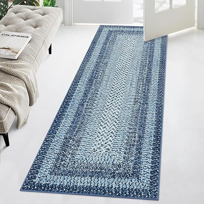 Washable Runner Rug 2x8 Bathroom Rugs Blue Modern Printed Braided Bedroom Rug Non Slip Geometric Area Rug Kitchen Rugs Stain Resistant Carpet for Laundry Room 2'x8' Blue