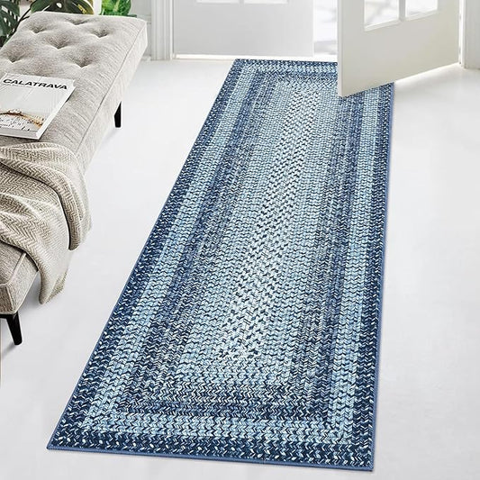 Washable Runner Rug 2x8 Bathroom Rugs Blue Modern Printed Braided Bedroom Rug Non Slip Geometric Area Rug Kitchen Rugs Stain Resistant Carpet for Laundry Room 2'x8' Blue