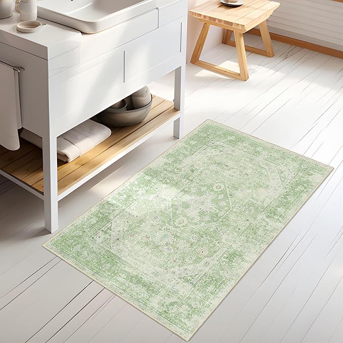 MUJOO Green Rug Washable Small Entryway Rug Boho Bathroom Rugs for Bedroom Non Slip Throw Carpet Sage Green Entry Area Rug for Front Door Laundry Room Soft Floral Indoor Home Decor 2'x3'