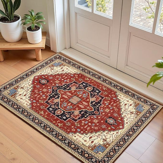2x3 Orange Red Small Area Rug for Entryway, Soft Washable Rugs with Non-Slip Backing for Bedroom Kitchen, Vintage Throw Carpet Laundry Entry Front Door Decor