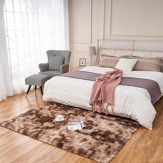 4x6 Fluffy Shag Living Room Rugs, Indoor Tie-dye Brown Furry Area Rug, Bedroom Super Soft Anti-Skid Shaggy Floor Carpet, Kids Girls Boys Room, Dorm Nursery RoomsHome Decor Aesthetic