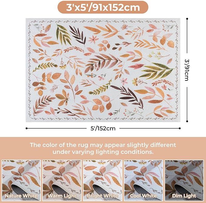 Syalife 3x5 Area Rugs, Non Slip Washable Low Pile Rugs for Living Room, Kitchen, Hallway, Bedroom Bedside, Kids Room, College Dorm (Orange Leafy, 3'x5')