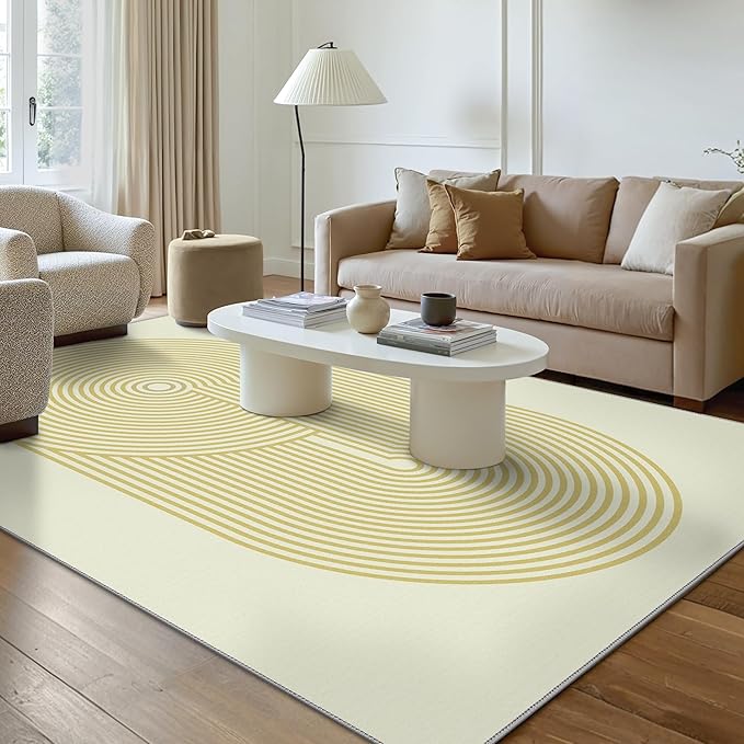 Bavni Area Rugs 8x10, Modern Soft Bedroom Rug, Machine Washable Rug Non Slip, Abstract Low Pile Large Rugs for Living Room, Dining Room, Beige Yellow Lines