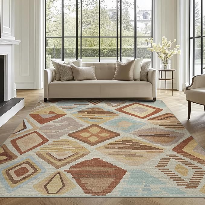 jinchan 8x10 Kids Washable Area Rug Geometric Moroccan Faux Jute Indoor Nursery Rug Non-Slip Colorful Modern Carpet for Playroom Kids Room Living Room Bedroom Laundry Room Boho Tan
