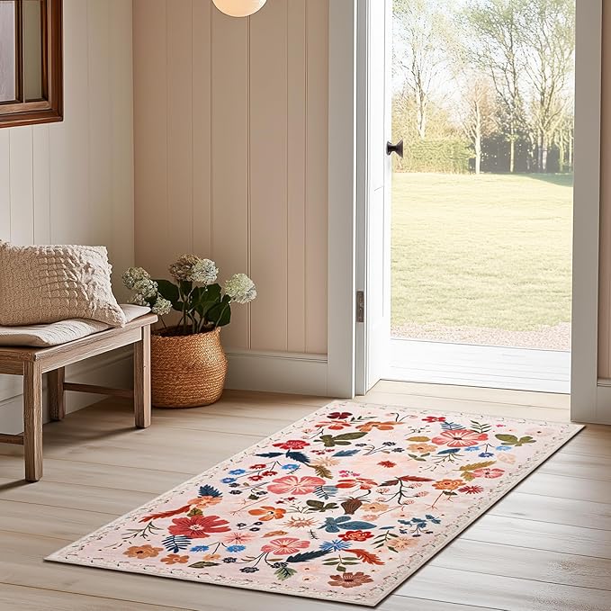 Beige 3x5 Area Rugs for Bedside Machine Washable Boho Floral Small Carpet Rugs Soft Non-Slip Low Pile Faux Fur Cream Farmhouse Aesthetic Rug for Living Room Entrance Bedroom Patio Office