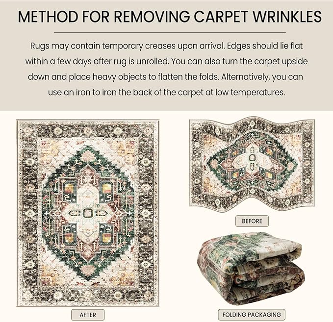 Washable 9x12 Area Rugs, Rugs for Living Room, Low-Pile Water&Stain Resistant Carpet Vintage Distressed Printed Non-Slip Carpet for Bedroom Bathroom Kitchen-Green