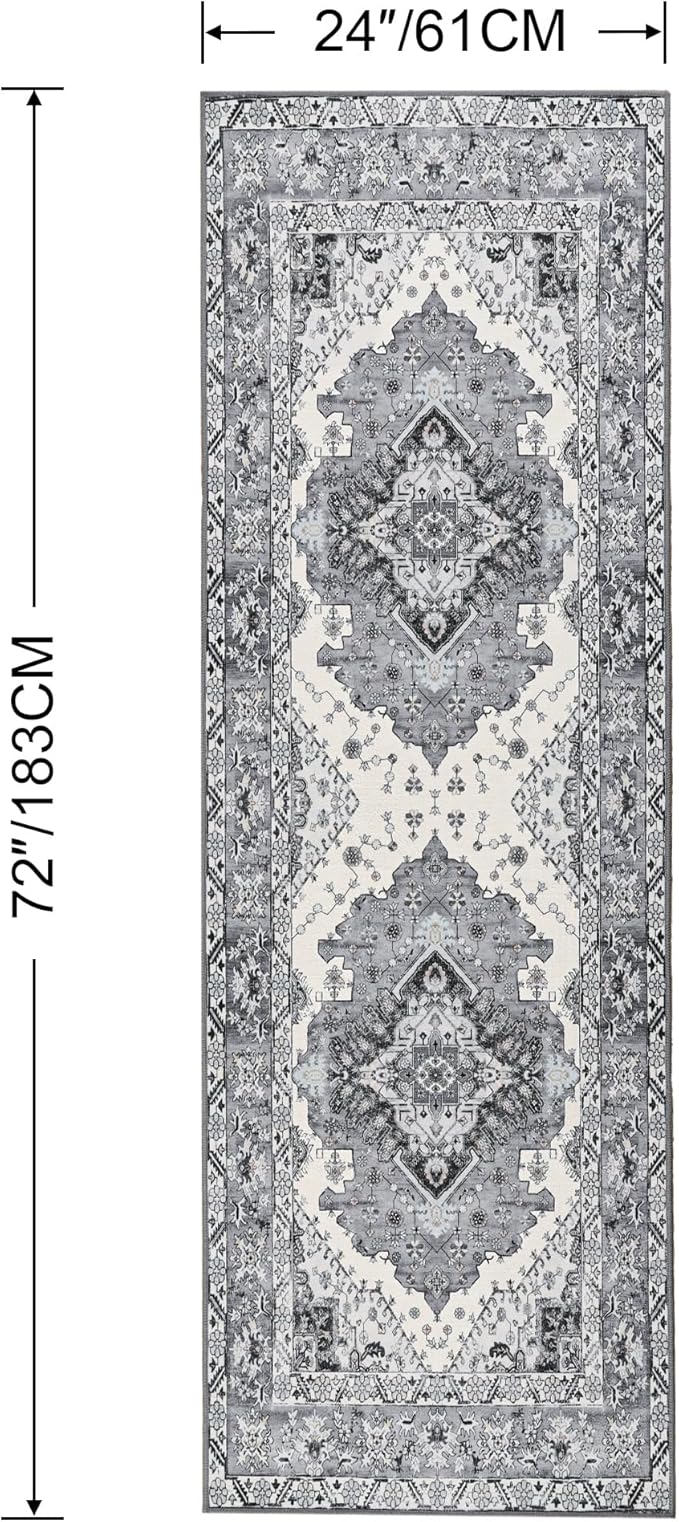 Noahas Grey Hallway Runner Rug 2x6,Vintage Machine Washable Kitchen Runner Area Rugs with Rubber Backing Non Slip Print Carpet for Hallways,Entryway,Laundry Room,Bathroom,Home Decor
