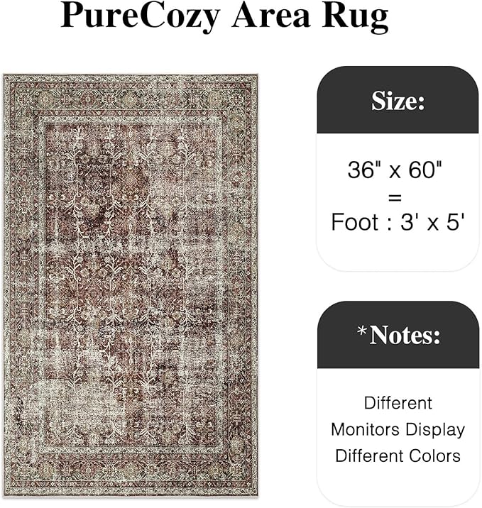 Vintage Area Rug 3x5 Rust Red Entryway Office Washable Carpet Non Slip Bedroom Indoor Living Room Door Mat Low Pile Traditional Distressed Retro Accent Rug for Dining Room Bathroom Kitchen