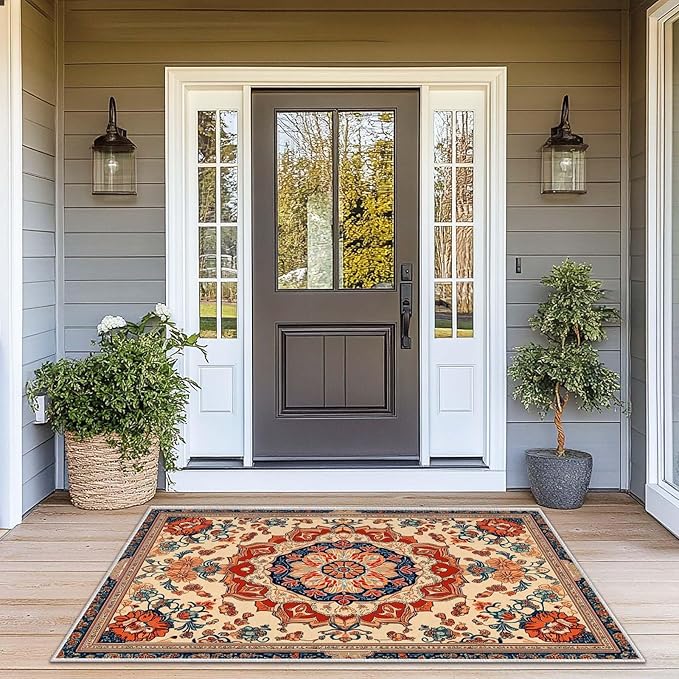 3x5 Entryway Rug Boho Orange Blue Area Rug Indoor Entrance Non Slip Door Mat Stain Resistant Washable Machine Soft Low Pile Small Carpet Bathroom Kitchen