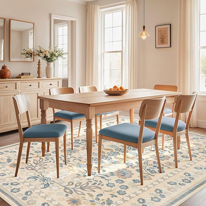 10x14 Area Rug Living Room Rugs - Washable Boho Vintage Floral Large Soft Non Slip Thin Rug Low Pile Carpet for Bedroom Dining Room Kids Playroom Office Decor Indoor- Multi Color