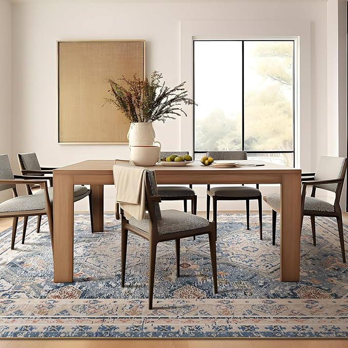 Phantoscope Vintage Collection Area Rug 5'x7' for Living Room - Washable Rug Large Boho Carpet Non-Slip for Bedroom Dining Room, Indoor Low-Pile Neutral Distressed Accent Rug, Dusty Blue/Multi