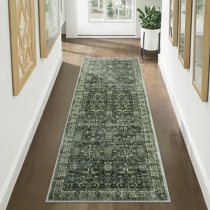Anidaroel Washable Runner Rug 2.5x8, Green Kitchen Runner Rugs Non Skid Washable 8ft, Vintage Boho Long Hallway Runners Rug, Distressed Soft Bathroom Runner for Laundry Room