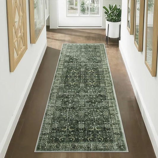 Anidaroel Washable Runner Rug 2.5x8, Green Kitchen Runner Rugs Non Skid Washable 8ft, Vintage Boho Long Hallway Runners Rug, Distressed Soft Bathroom Runner for Laundry Room